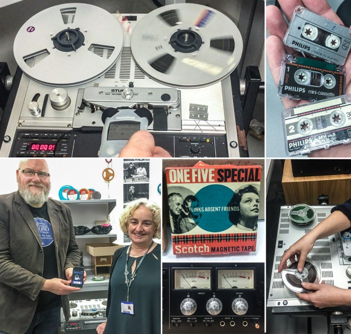 A collage of images from the Keep Sounds archive in Brighton, including reel to reel tape machines, a VU meter, micro cassettes, and the Director of the Museum of Portable Sound