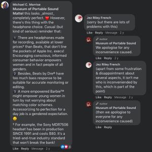 Screenshot of two cisgendered white men explaining to us via Facebook comments that Soundscape™ Barbie is offensive to women. We're not going to bother transcribing their comments here since it's really not worth it.