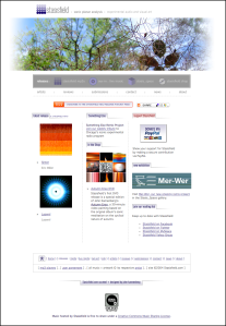 Stasisfield.com homepage screenshot, showing the record label's purple logo above a colourful photograph of trees and branches. Cover artwork for multiple record releases are visible, along with a link to an online exhibition derived from field recordings in Egypt entitled Mer-Wer.