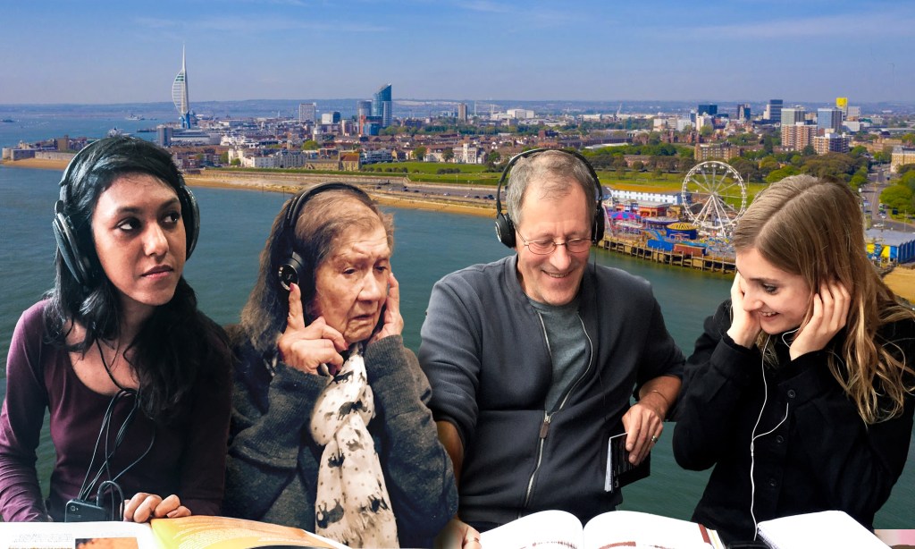 The shoreline of Southsea, Portsmouth, UK is seen behind closeups of several people wearing headphones while listening, smiling, and gesturing during visits to the Museum of Portable Sound. 