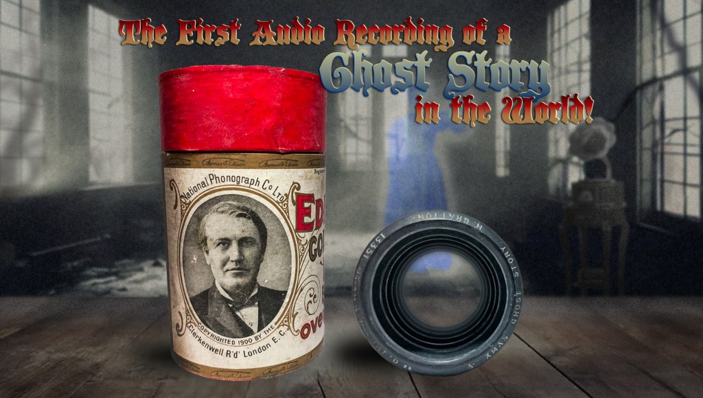 An Edison wax cylinder recording sits on top of a table inside a spooky looking old house where what appears to be a Victorian ghost holding a lantern stands watching over an unused victrola.