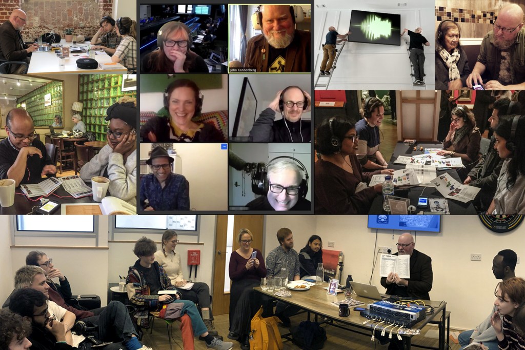 A collection of images of people of various ages and backgrounds visiting the Museum of Portable Sound and interacting with our museum's Director & Chief Curator. Also, there's one image of two art handlers installing a large framed image of a sound waveform while standing on two ladders; curiously, both art handlers have the same face: that of our Director & Chief Curator.